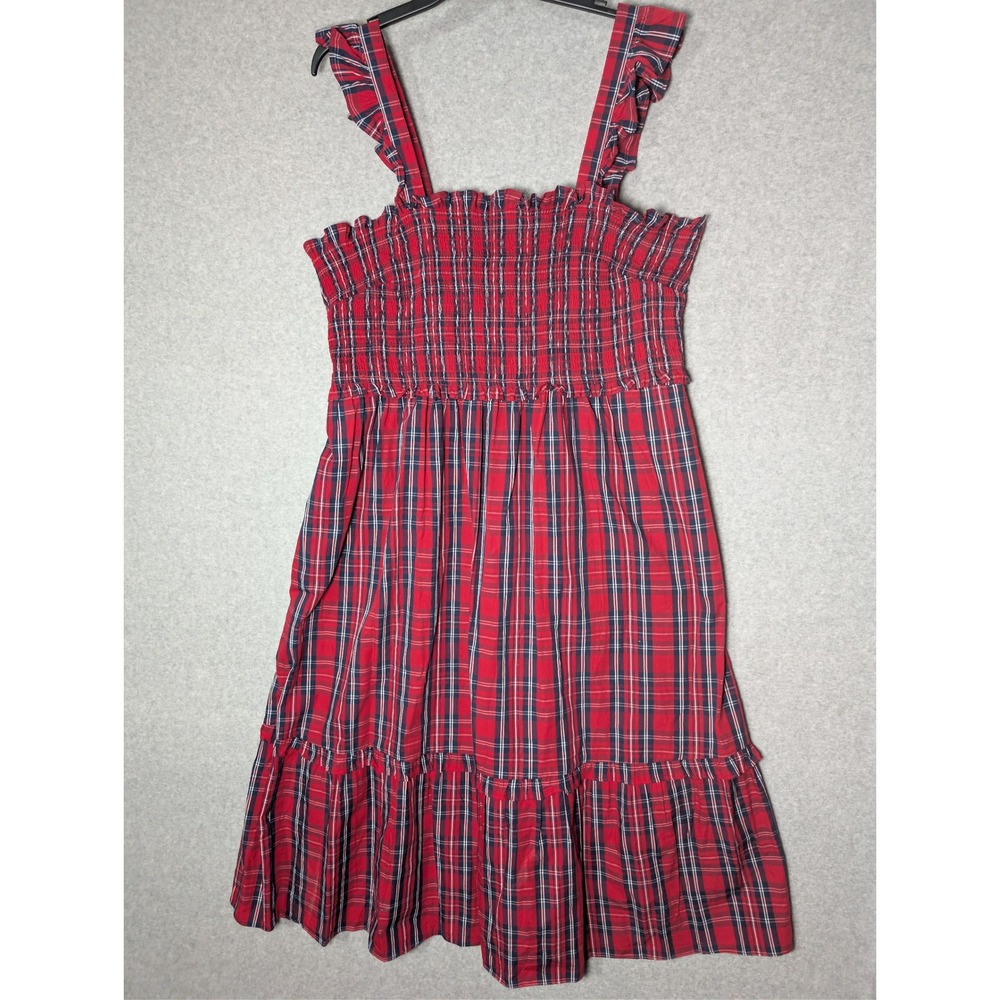 Draper James Kimberly Smocked Dress Tiered Midi Size 1X Cotton Pockets Red Plaid